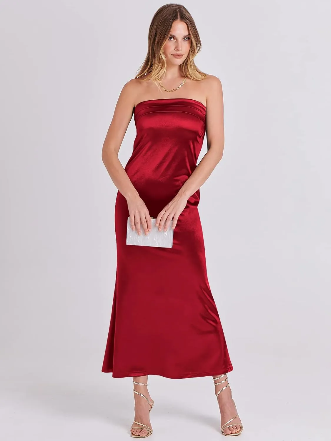 ANRABESS Women Summer Wedding Guest Maxi Dress Strapless Satin Tube Bodycon Backless Cocktail Formal Dresses 2025 Spring