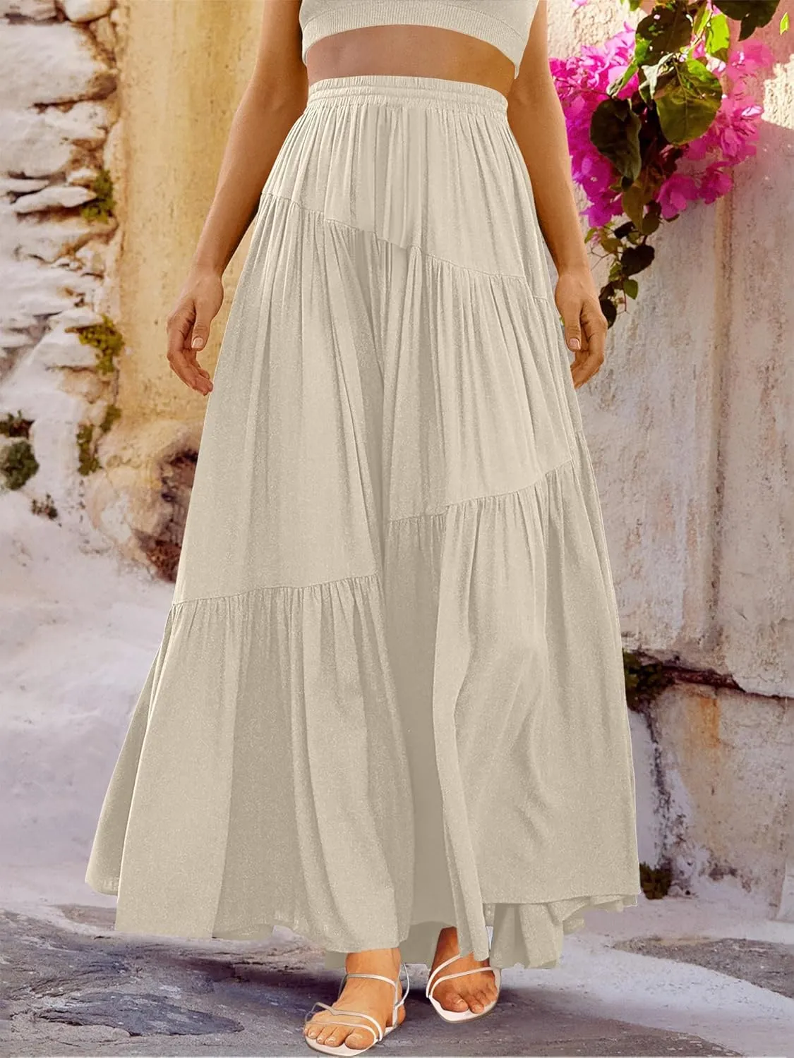 ANRABESS Women’s Boho Elastic High Waist Pleated A-Line Flowy Swing Asymmetric Tiered Maxi Long Skirt Dress with Pockets