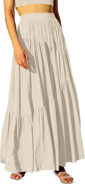 ANRABESS Women’s Boho Elastic High Waist Pleated A-Line Flowy Swing Asymmetric Tiered Maxi Long Skirt Dress with Pockets