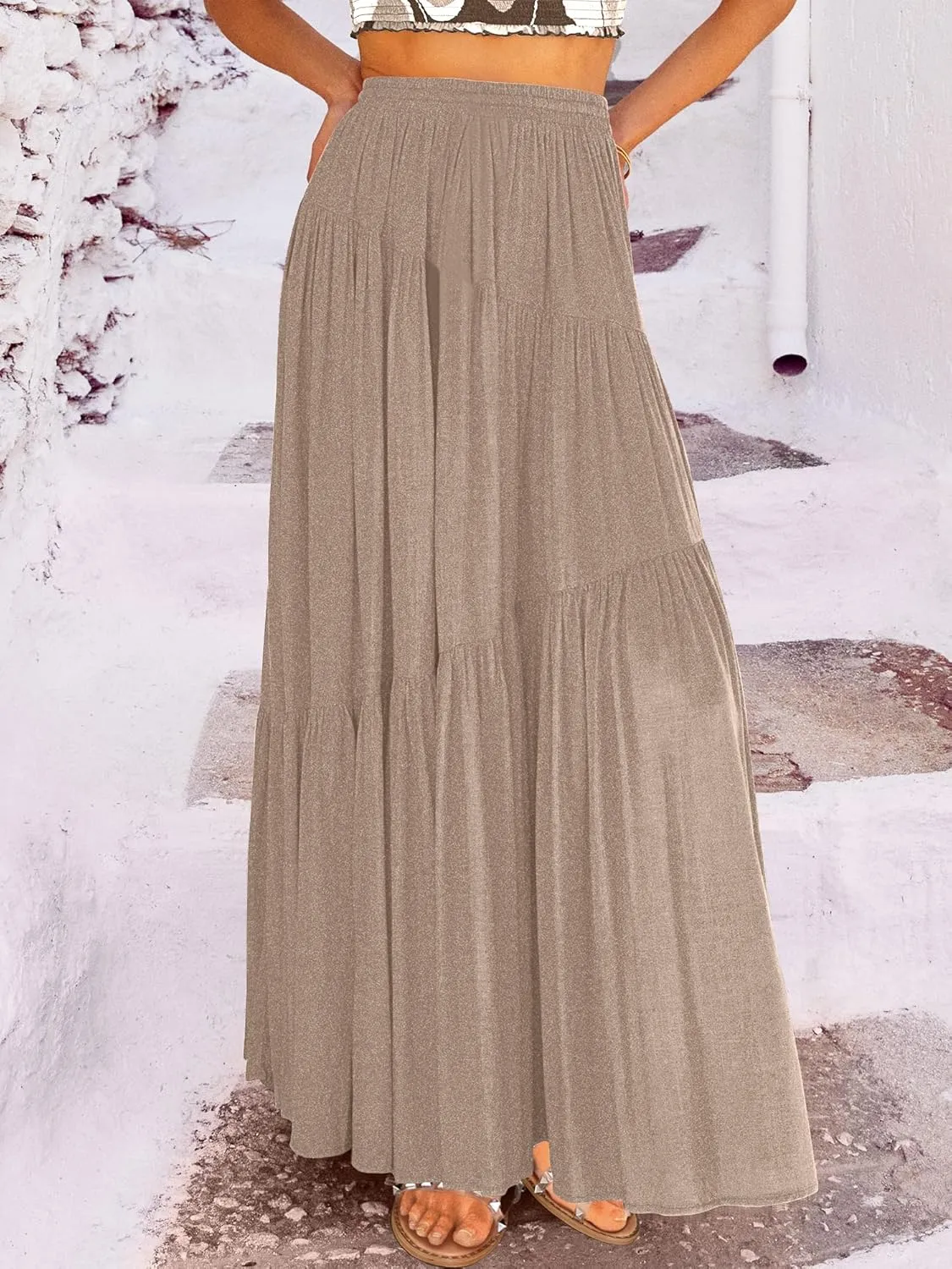 ANRABESS Women’s Boho Elastic High Waist Pleated A-Line Flowy Swing Asymmetric Tiered Maxi Long Skirt Dress with Pockets