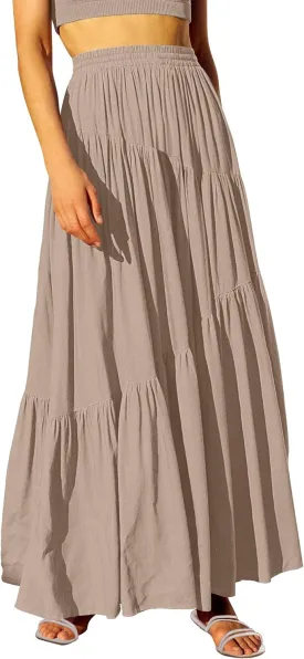 ANRABESS Women’s Boho Elastic High Waist Pleated A-Line Flowy Swing Asymmetric Tiered Maxi Long Skirt Dress with Pockets