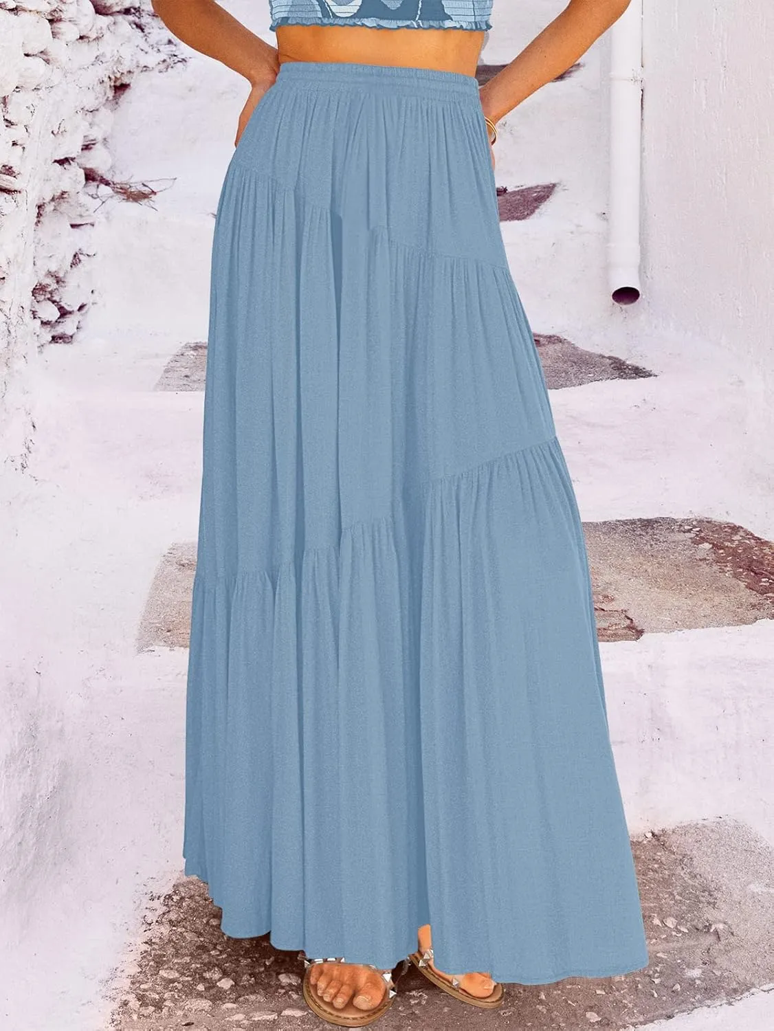 ANRABESS Women’s Boho Elastic High Waist Pleated A-Line Flowy Swing Asymmetric Tiered Maxi Long Skirt Dress with Pockets