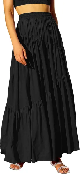 ANRABESS Women’s Boho Elastic High Waist Pleated A-Line Flowy Swing Asymmetric Tiered Maxi Long Skirt Dress with Pockets
