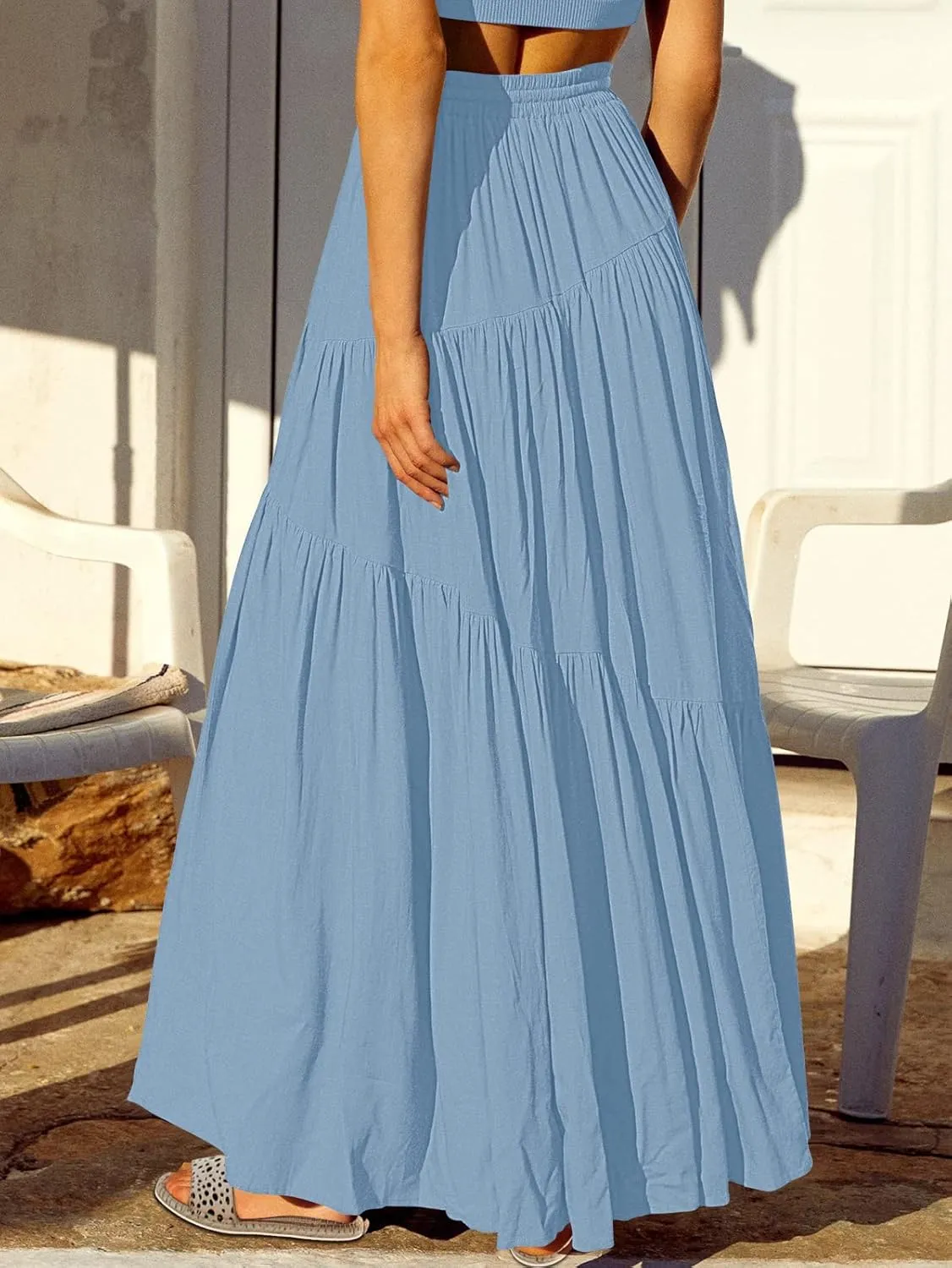 ANRABESS Women’s Boho Elastic High Waist Pleated A-Line Flowy Swing Asymmetric Tiered Maxi Long Skirt Dress with Pockets