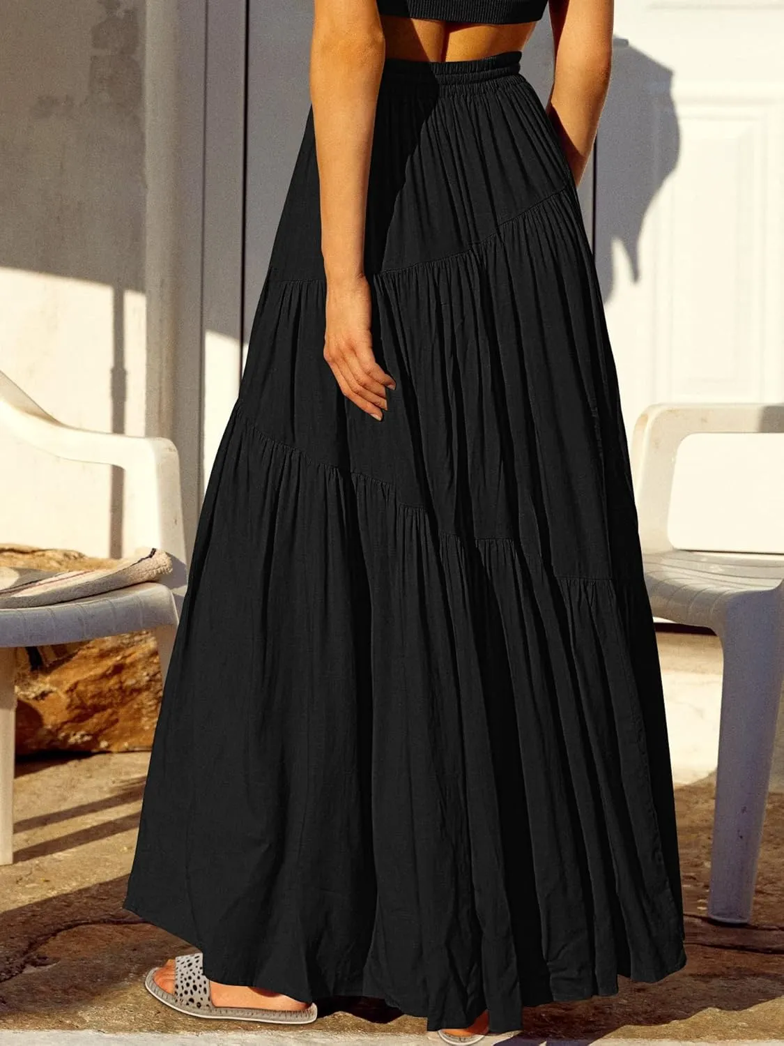 ANRABESS Women’s Boho Elastic High Waist Pleated A-Line Flowy Swing Asymmetric Tiered Maxi Long Skirt Dress with Pockets