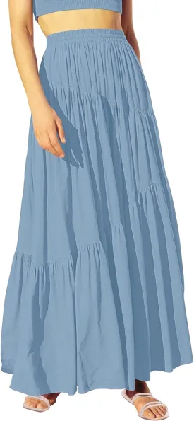 ANRABESS Women’s Boho Elastic High Waist Pleated A-Line Flowy Swing Asymmetric Tiered Maxi Long Skirt Dress with Pockets