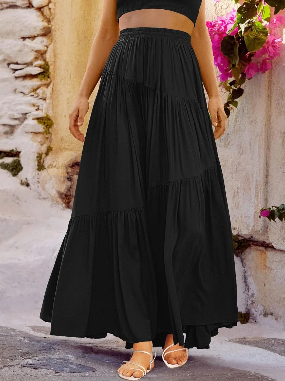 ANRABESS Women’s Boho Elastic High Waist Pleated A-Line Flowy Swing Asymmetric Tiered Maxi Long Skirt Dress with Pockets