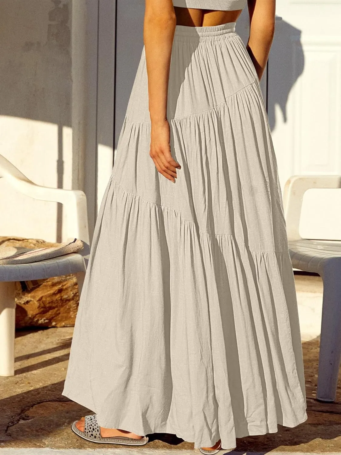 ANRABESS Women’s Boho Elastic High Waist Pleated A-Line Flowy Swing Asymmetric Tiered Maxi Long Skirt Dress with Pockets