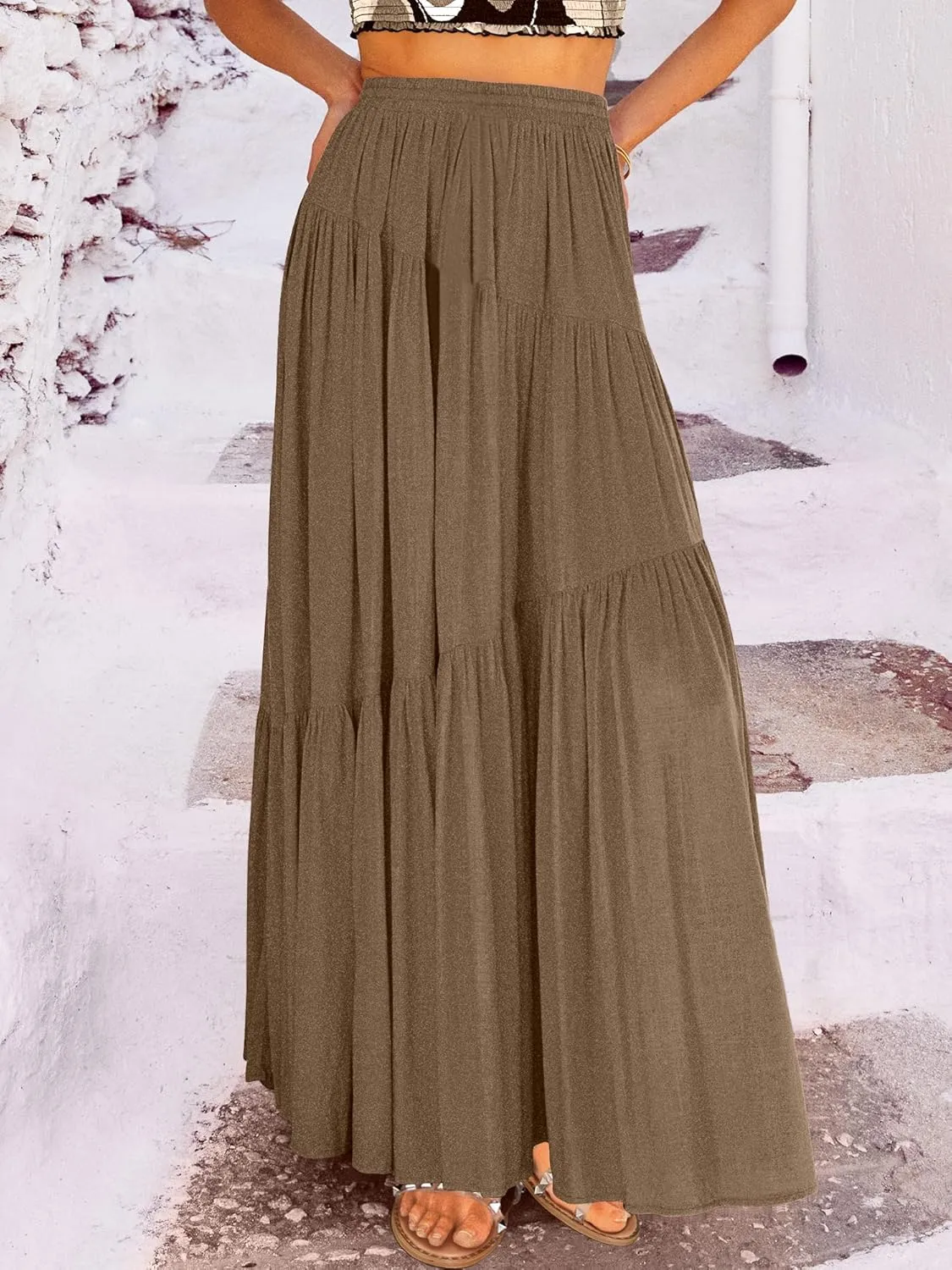 ANRABESS Women’s Boho Elastic High Waist Pleated A-Line Flowy Swing Asymmetric Tiered Maxi Long Skirt Dress with Pockets