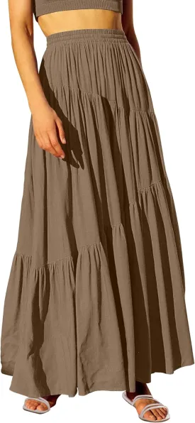 ANRABESS Women’s Boho Elastic High Waist Pleated A-Line Flowy Swing Asymmetric Tiered Maxi Long Skirt Dress with Pockets