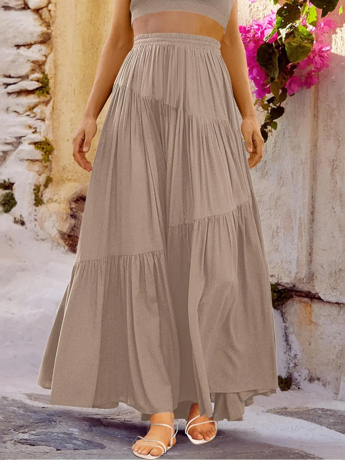 ANRABESS Women’s Boho Elastic High Waist Pleated A-Line Flowy Swing Asymmetric Tiered Maxi Long Skirt Dress with Pockets