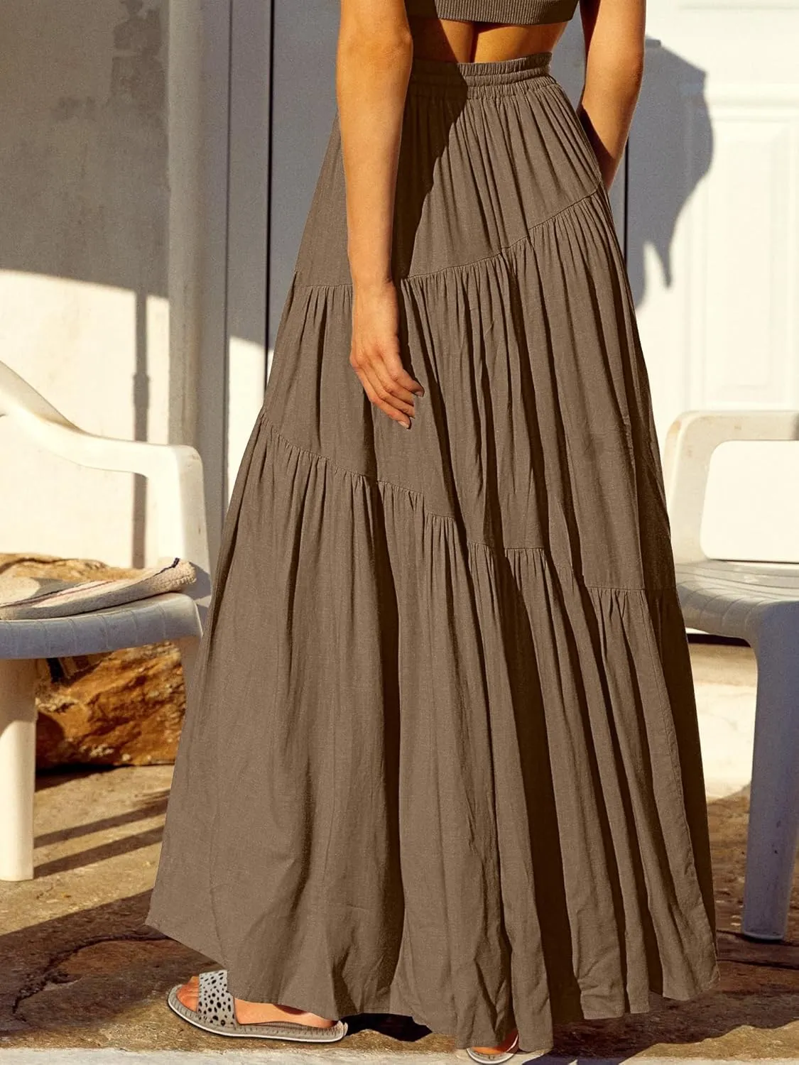 ANRABESS Women’s Boho Elastic High Waist Pleated A-Line Flowy Swing Asymmetric Tiered Maxi Long Skirt Dress with Pockets