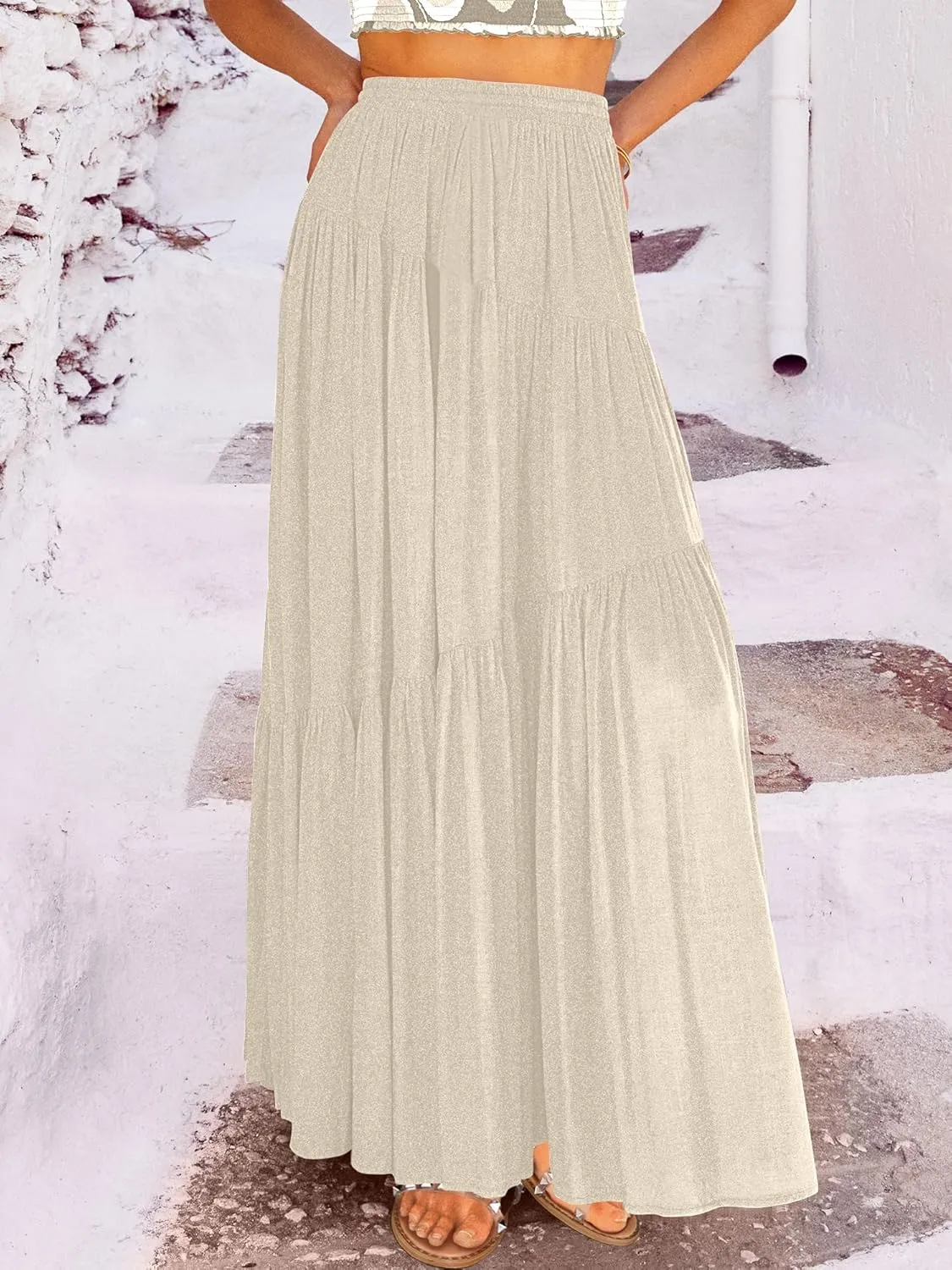 ANRABESS Women’s Boho Elastic High Waist Pleated A-Line Flowy Swing Asymmetric Tiered Maxi Long Skirt Dress with Pockets