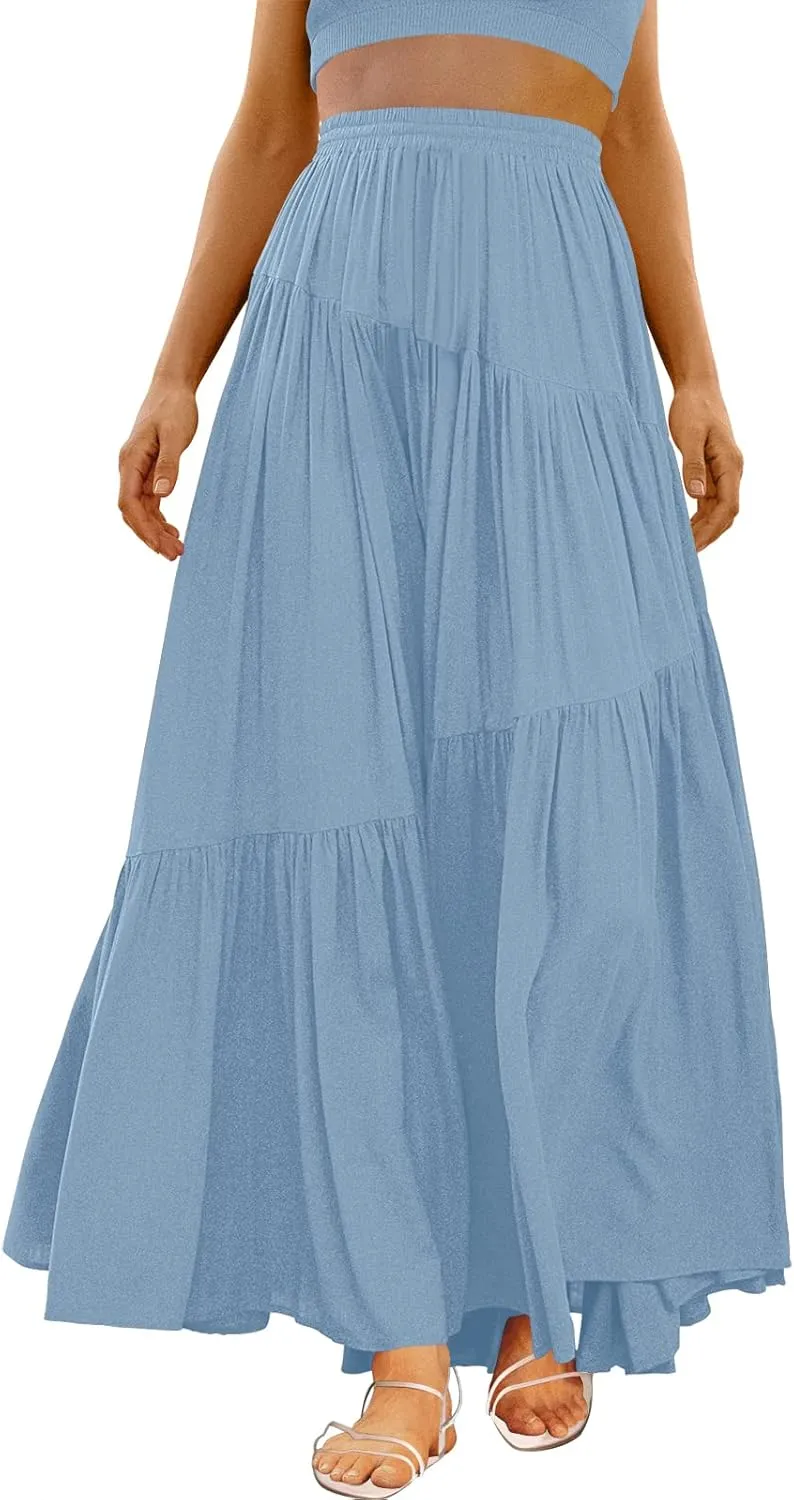 ANRABESS Women’s Boho Elastic High Waist Pleated A-Line Flowy Swing Asymmetric Tiered Maxi Long Skirt Dress with Pockets
