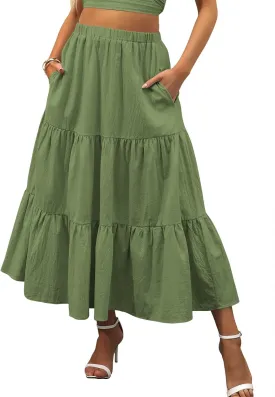 ANRABESS Women’s Summer Boho Flowy Swing Tiered A-Line Maxi Skirt 2025 Fashion Trendy Elastic Waist Pleated Long Beach Dress