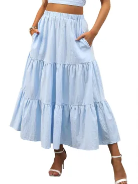 ANRABESS Women’s Summer Boho Flowy Swing Tiered A-Line Maxi Skirt 2025 Fashion Trendy Elastic Waist Pleated Long Beach Dress