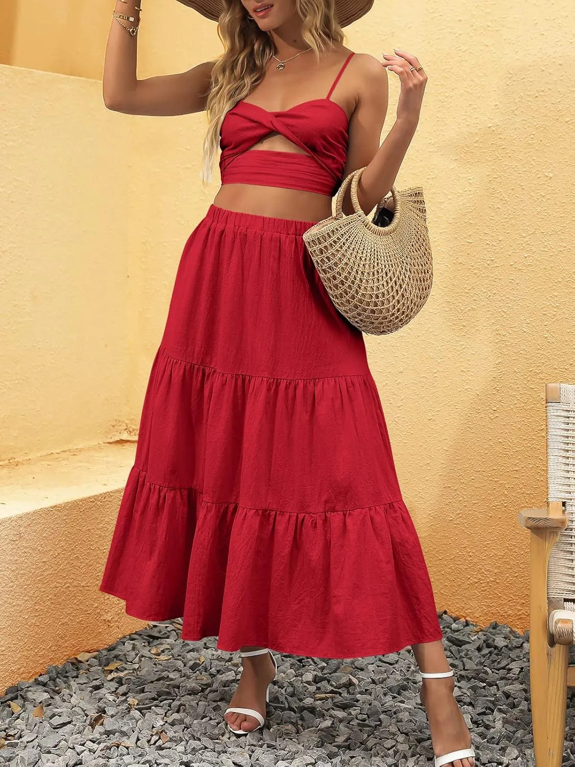 ANRABESS Women’s Summer Boho Flowy Swing Tiered A-Line Maxi Skirt 2025 Fashion Trendy Elastic Waist Pleated Long Beach Dress