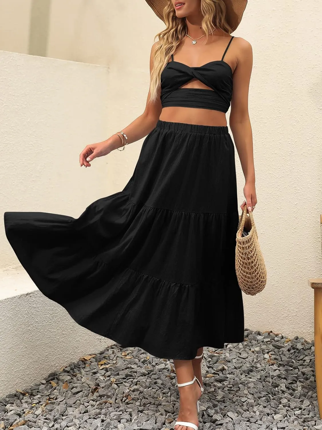 ANRABESS Women’s Summer Boho Flowy Swing Tiered A-Line Maxi Skirt 2025 Fashion Trendy Elastic Waist Pleated Long Beach Dress