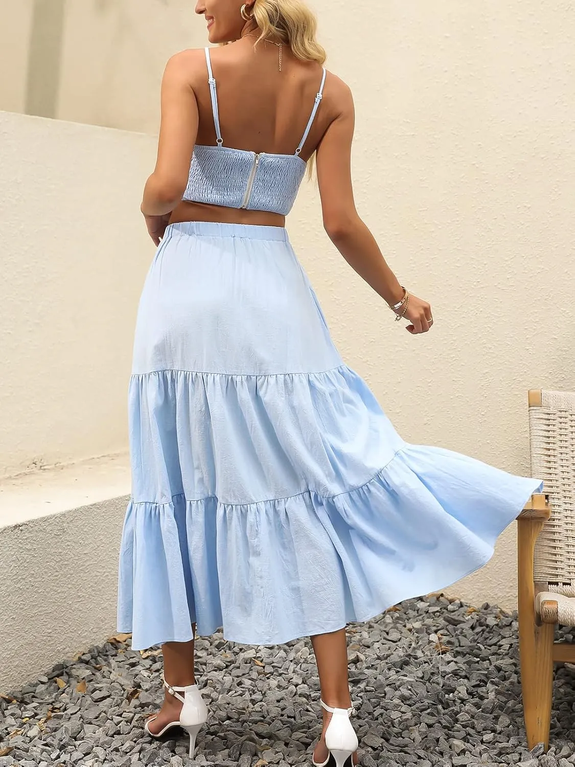 ANRABESS Women’s Summer Boho Flowy Swing Tiered A-Line Maxi Skirt 2025 Fashion Trendy Elastic Waist Pleated Long Beach Dress