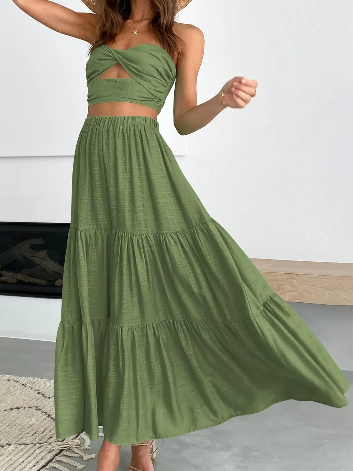 ANRABESS Women’s Summer Boho Flowy Swing Tiered A-Line Maxi Skirt 2025 Fashion Trendy Elastic Waist Pleated Long Beach Dress