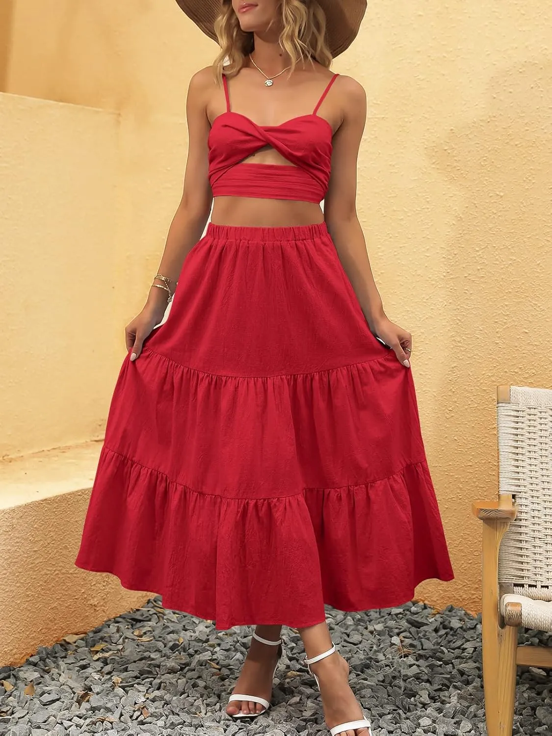 ANRABESS Women’s Summer Boho Flowy Swing Tiered A-Line Maxi Skirt 2025 Fashion Trendy Elastic Waist Pleated Long Beach Dress