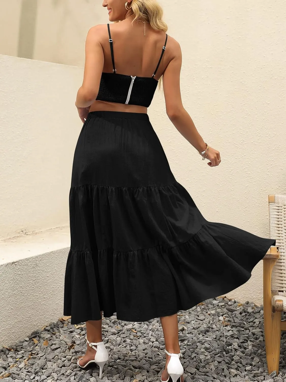 ANRABESS Women’s Summer Boho Flowy Swing Tiered A-Line Maxi Skirt 2025 Fashion Trendy Elastic Waist Pleated Long Beach Dress