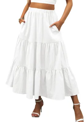 ANRABESS Women’s Summer Boho Flowy Swing Tiered A-Line Maxi Skirt 2025 Fashion Trendy Elastic Waist Pleated Long Beach Dress