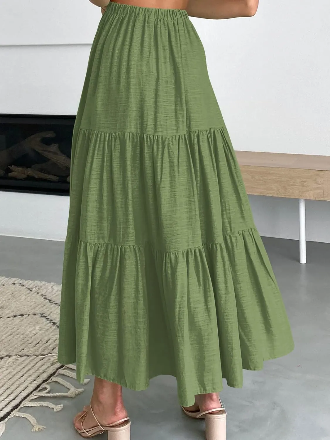 ANRABESS Women’s Summer Boho Flowy Swing Tiered A-Line Maxi Skirt 2025 Fashion Trendy Elastic Waist Pleated Long Beach Dress