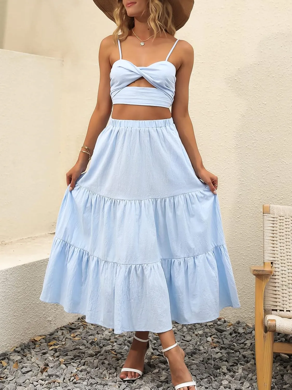 ANRABESS Women’s Summer Boho Flowy Swing Tiered A-Line Maxi Skirt 2025 Fashion Trendy Elastic Waist Pleated Long Beach Dress