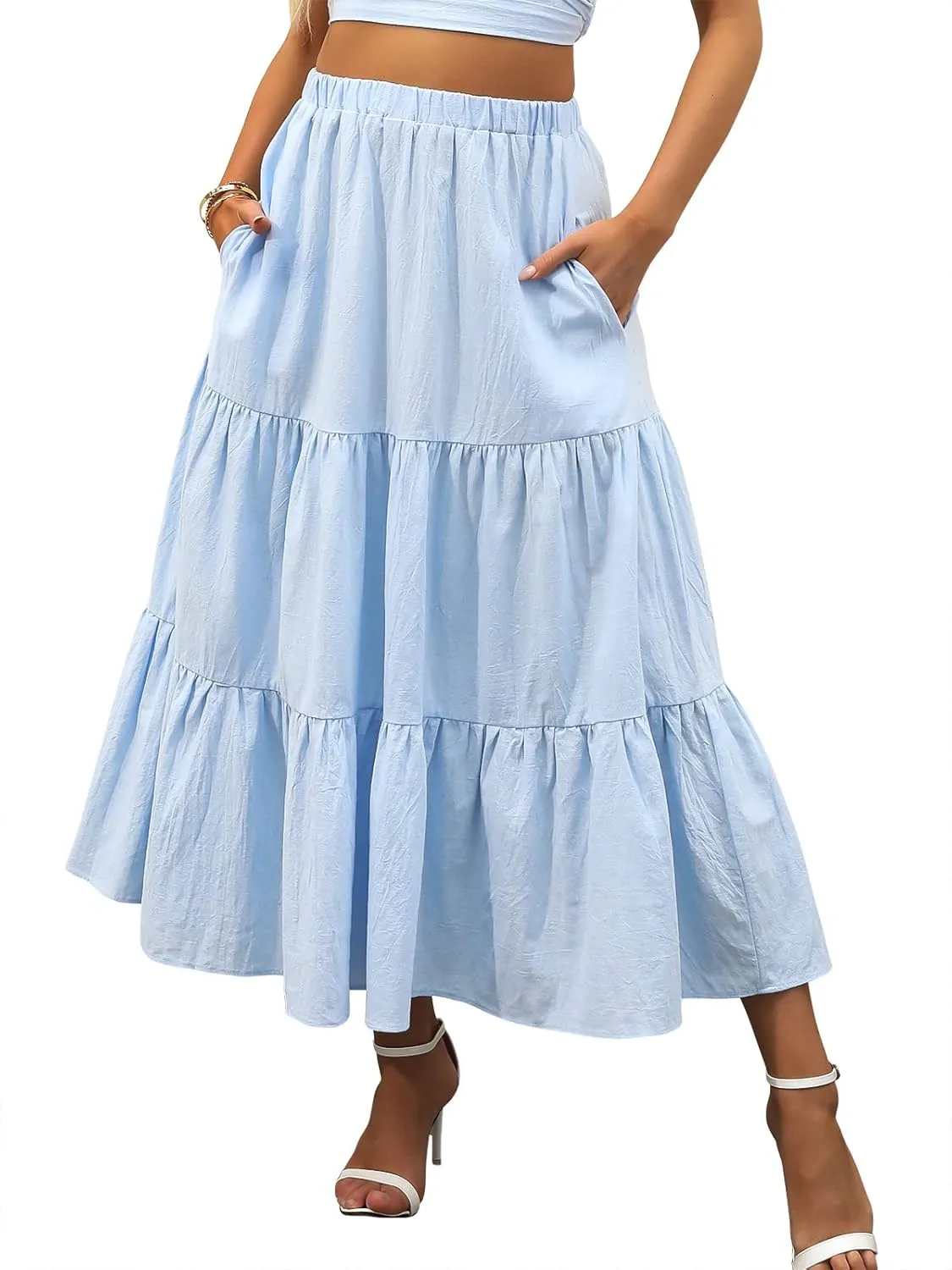 ANRABESS Women’s Summer Boho Flowy Swing Tiered A-Line Maxi Skirt 2025 Fashion Trendy Elastic Waist Pleated Long Beach Dress