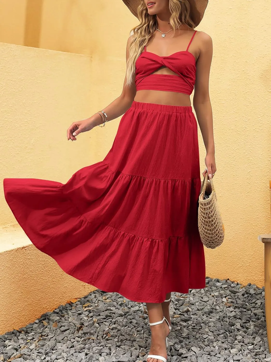 ANRABESS Women’s Summer Boho Flowy Swing Tiered A-Line Maxi Skirt 2025 Fashion Trendy Elastic Waist Pleated Long Beach Dress
