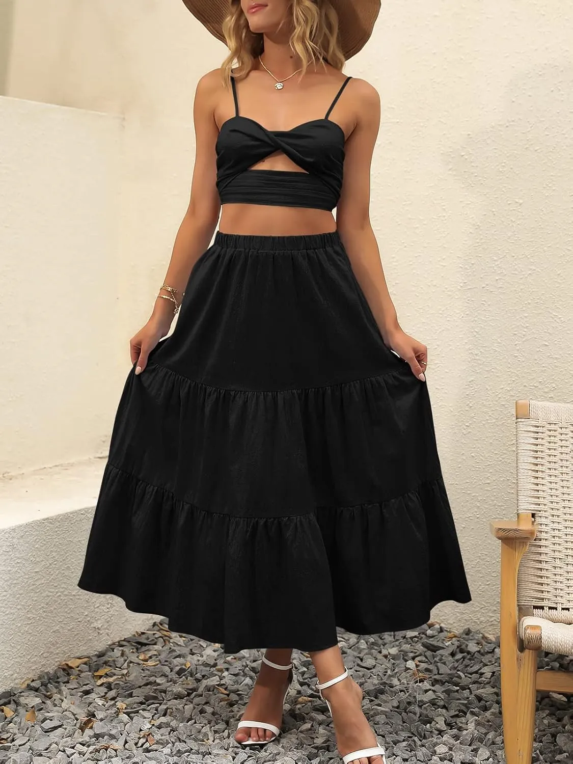 ANRABESS Women’s Summer Boho Flowy Swing Tiered A-Line Maxi Skirt 2025 Fashion Trendy Elastic Waist Pleated Long Beach Dress