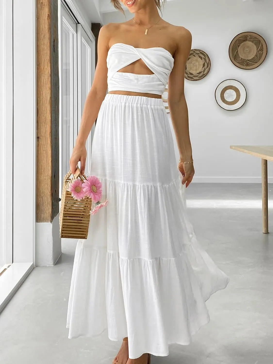 ANRABESS Women’s Summer Boho Flowy Swing Tiered A-Line Maxi Skirt 2025 Fashion Trendy Elastic Waist Pleated Long Beach Dress