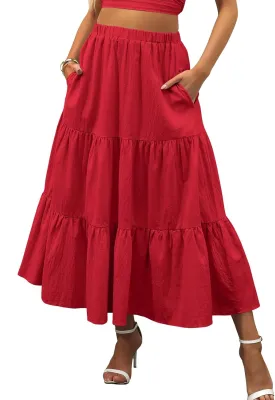 ANRABESS Women’s Summer Boho Flowy Swing Tiered A-Line Maxi Skirt 2025 Fashion Trendy Elastic Waist Pleated Long Beach Dress