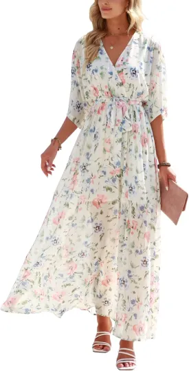 ANRABESS Women’s Summer Loose Boho Flowy Wrap V Neck 3/4 Sleeve Floral Print Slit Beach Wedding Guest Long Maxi Dresses