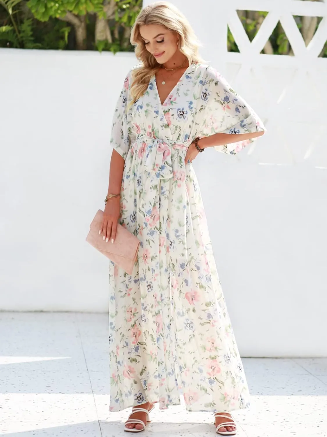 ANRABESS Women’s Summer Loose Boho Flowy Wrap V Neck 3/4 Sleeve Floral Print Slit Beach Wedding Guest Long Maxi Dresses