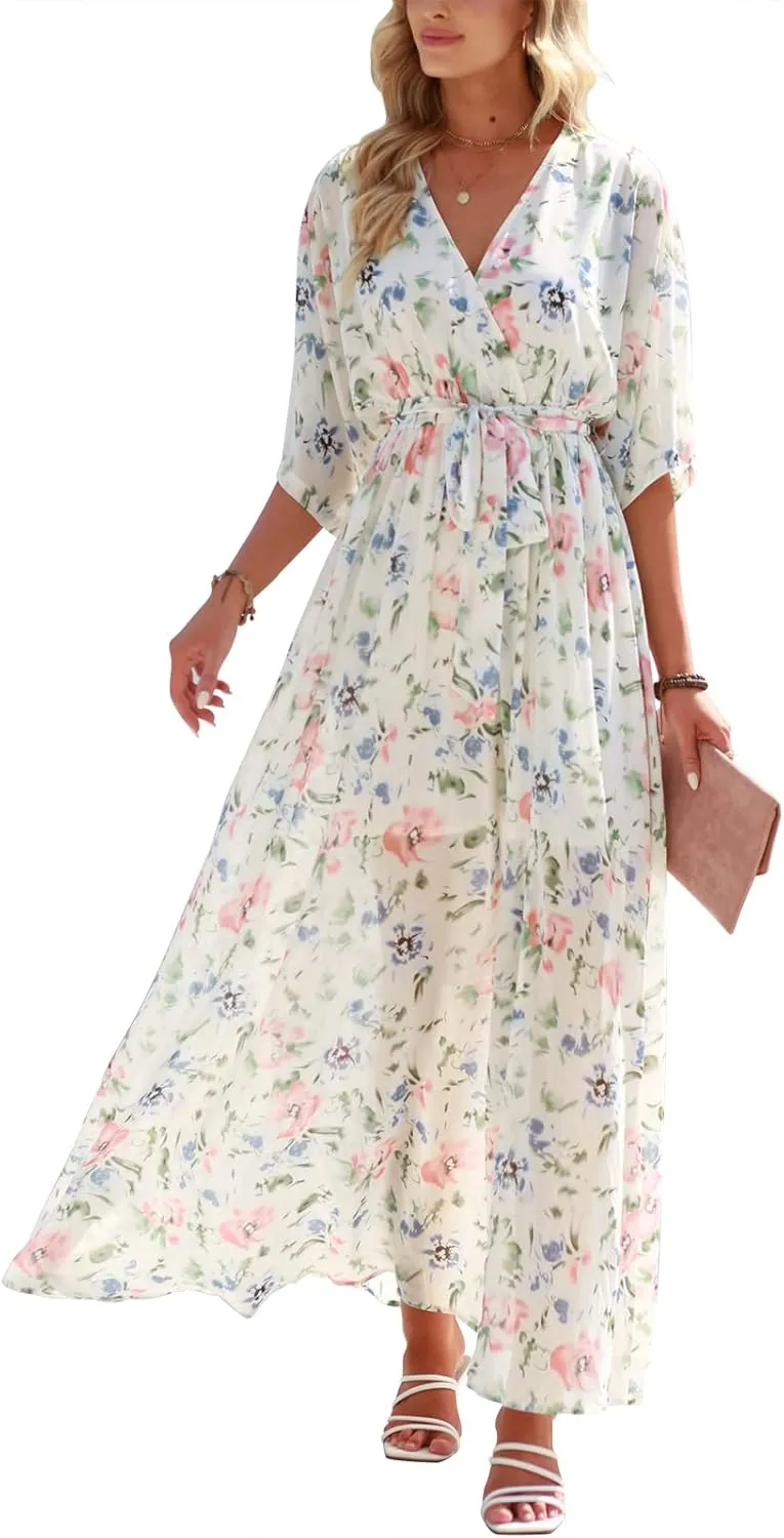 ANRABESS Women’s Summer Loose Boho Flowy Wrap V Neck 3/4 Sleeve Floral Print Slit Beach Wedding Guest Long Maxi Dresses