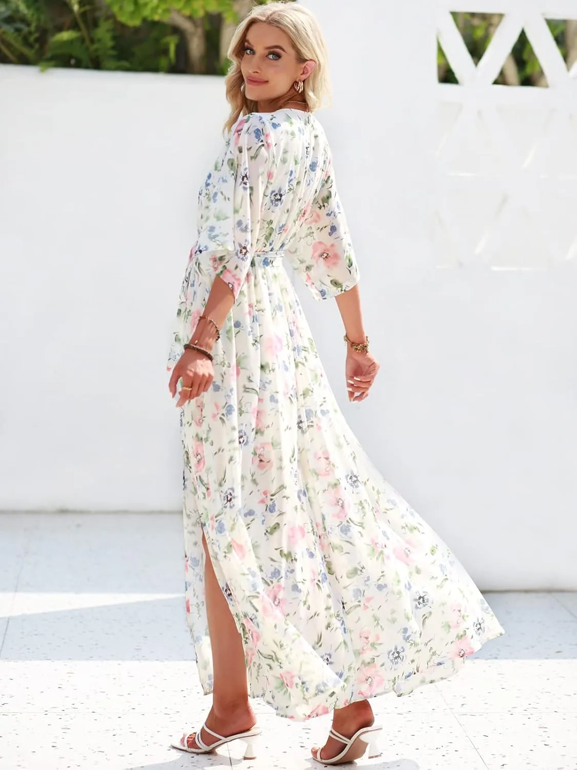 ANRABESS Women’s Summer Loose Boho Flowy Wrap V Neck 3/4 Sleeve Floral Print Slit Beach Wedding Guest Long Maxi Dresses