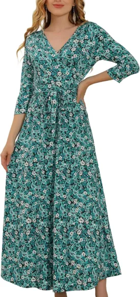 Aphratti Women's Maxi Dresses Summer 3/4 Sleeve V Neck Faux Wrap Flowy Spring Long Floral Maxi Dress