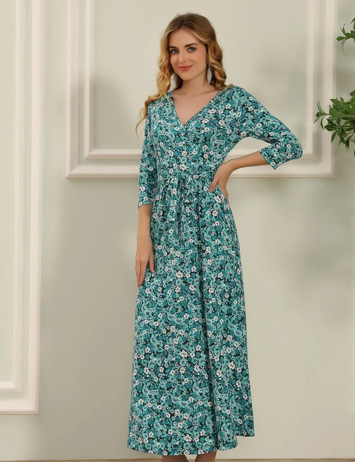 Aphratti Women's Maxi Dresses Summer 3/4 Sleeve V Neck Faux Wrap Flowy Spring Long Floral Maxi Dress