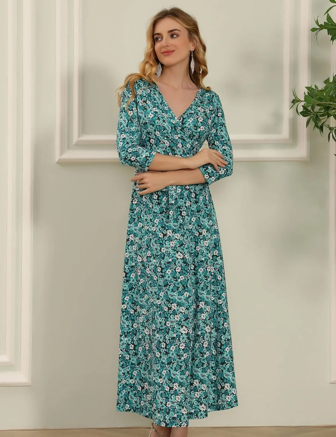 Aphratti Women's Maxi Dresses Summer 3/4 Sleeve V Neck Faux Wrap Flowy Spring Long Floral Maxi Dress