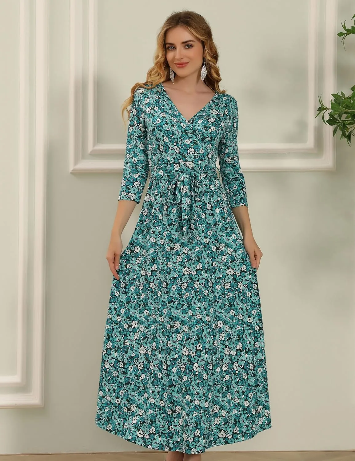 Aphratti Women's Maxi Dresses Summer 3/4 Sleeve V Neck Faux Wrap Flowy Spring Long Floral Maxi Dress