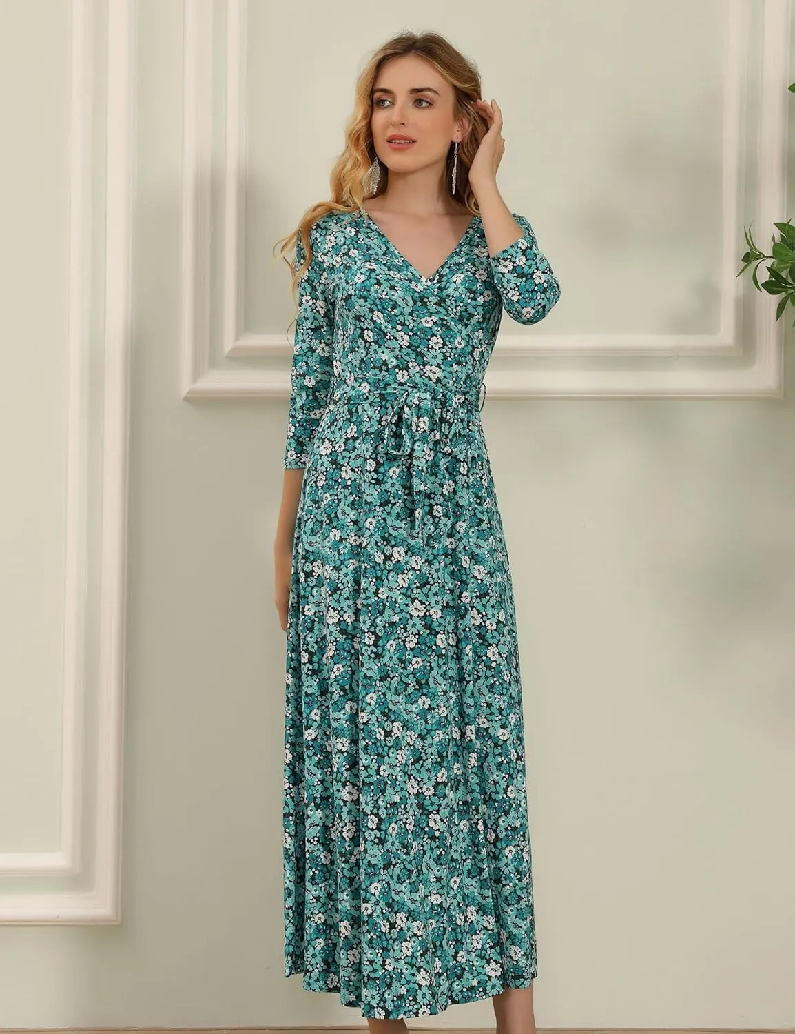 Aphratti Women's Maxi Dresses Summer 3/4 Sleeve V Neck Faux Wrap Flowy Spring Long Floral Maxi Dress