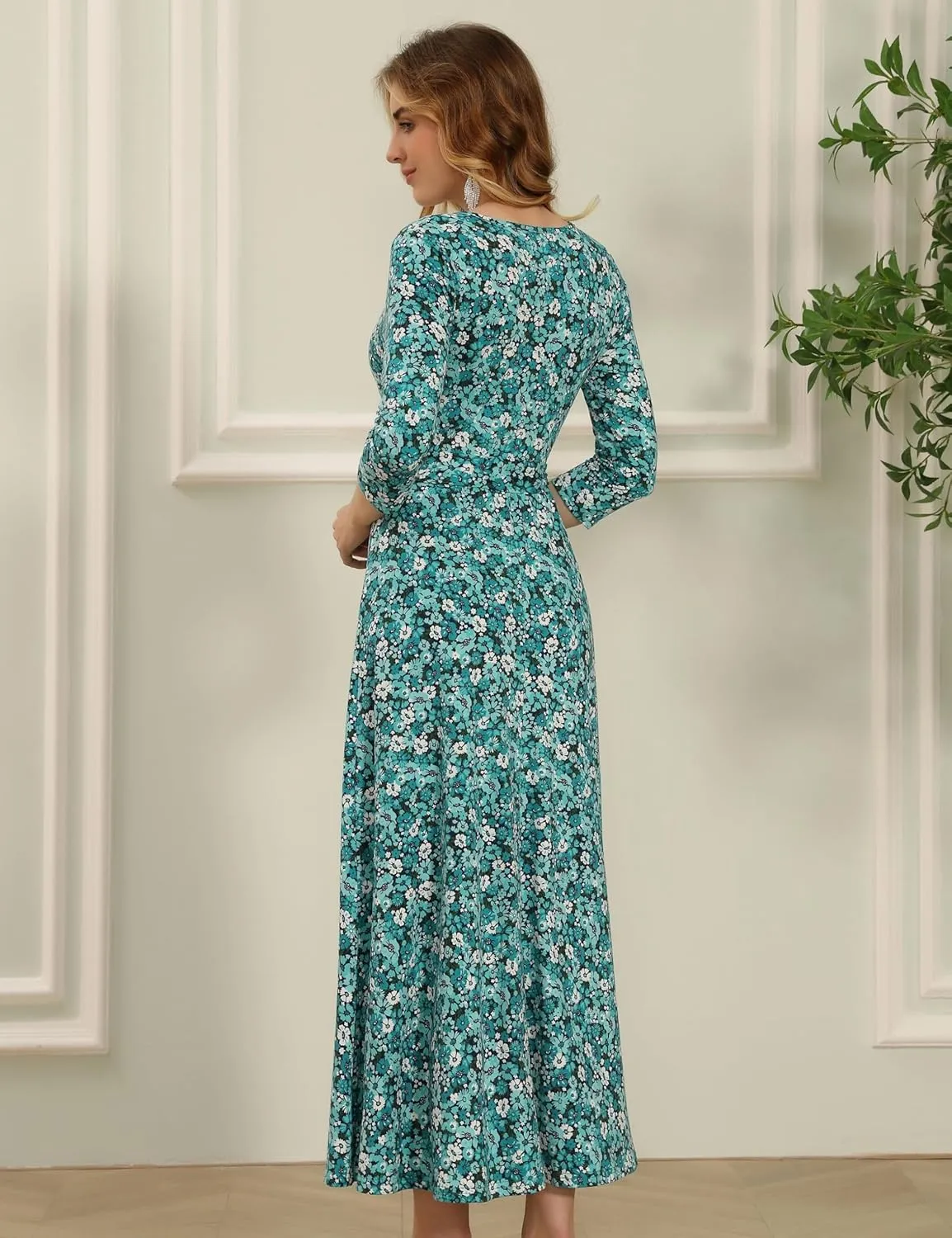 Aphratti Women's Maxi Dresses Summer 3/4 Sleeve V Neck Faux Wrap Flowy Spring Long Floral Maxi Dress