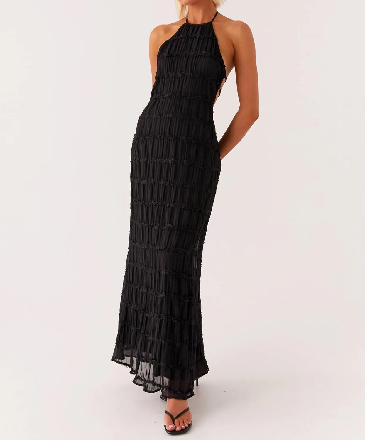 Argeousgor Women Halter Neck Backless Summer Dresses 2025 Sleeveless Tiered Ruffle A-Line Flowy Cocktail Party Maxi Dress