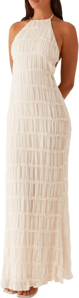 Argeousgor Women Halter Neck Backless Summer Dresses 2025 Sleeveless Tiered Ruffle A-Line Flowy Cocktail Party Maxi Dress