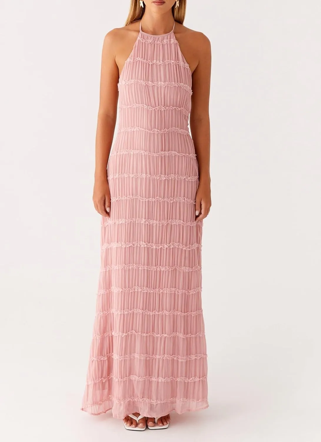 Argeousgor Women Halter Neck Backless Summer Dresses 2025 Sleeveless Tiered Ruffle A-Line Flowy Cocktail Party Maxi Dress