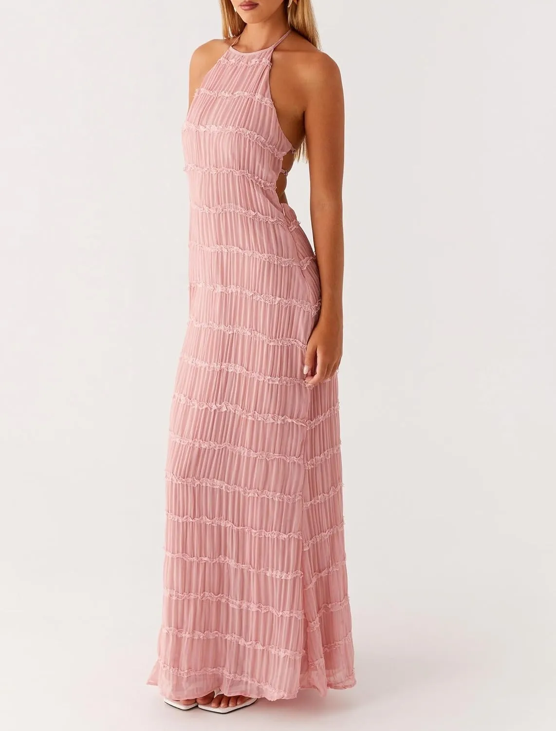 Argeousgor Women Halter Neck Backless Summer Dresses 2025 Sleeveless Tiered Ruffle A-Line Flowy Cocktail Party Maxi Dress