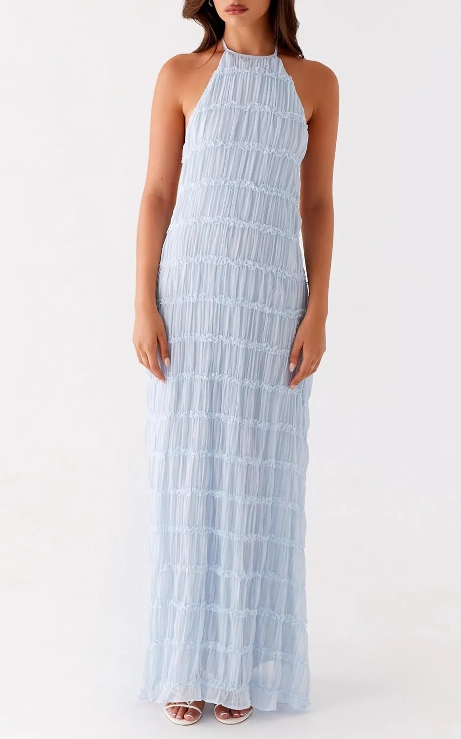 Argeousgor Women Halter Neck Backless Summer Dresses 2025 Sleeveless Tiered Ruffle A-Line Flowy Cocktail Party Maxi Dress