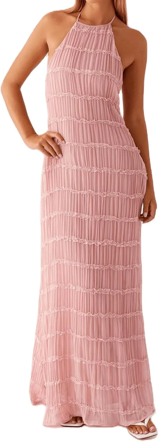 Argeousgor Women Halter Neck Backless Summer Dresses 2025 Sleeveless Tiered Ruffle A-Line Flowy Cocktail Party Maxi Dress